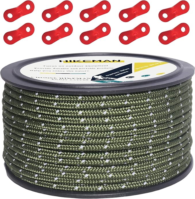 Hikeman 50m Reflective Guyline Solid Braid Nylon Camping Rope with Aluminum Adjuster Cord Tensioner Tent Accessory for Outdoor Travel,Hiking,Backpacking and Water Activities (Army Green, 3mm)
