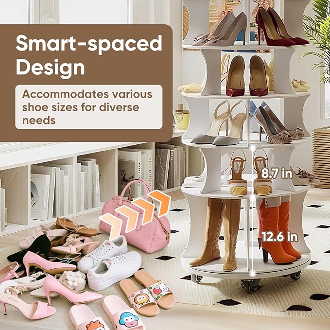 71" Rotating Shoe Rack with Lockable Wheels, 7-Tier Spinning Vertical Shoe Tower with Under-seat Boot Storage Space-Saving Free Standing Shoe Carouse Organizer for Closet Entryway Bedroom (71")