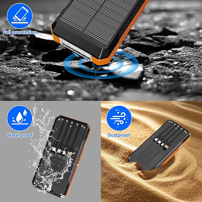 Solar Charger Power Bank 49800mAh, Portable Phone Charging Built-in 4 Cables 22.5W & PD20W Fast Charging for Cell Phones, Type-C Input/Output Port Solar Panel Charger with Dual Flashlights&Compass