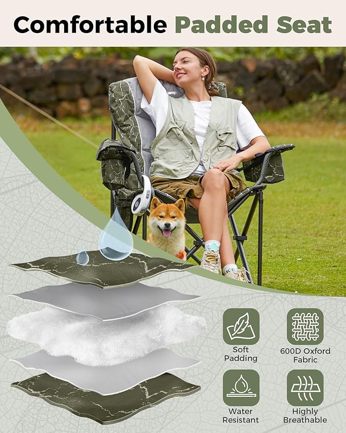 KingCamp Oversized Camping Folding Chair, Heavy Duty 450 LBS with Lumbar Support, Padded seat with Cup Holder&Cooler Bag, Ideal for Camp, Fishing, Sports Event, Backyard, Patio, Lawn (Lava Green)