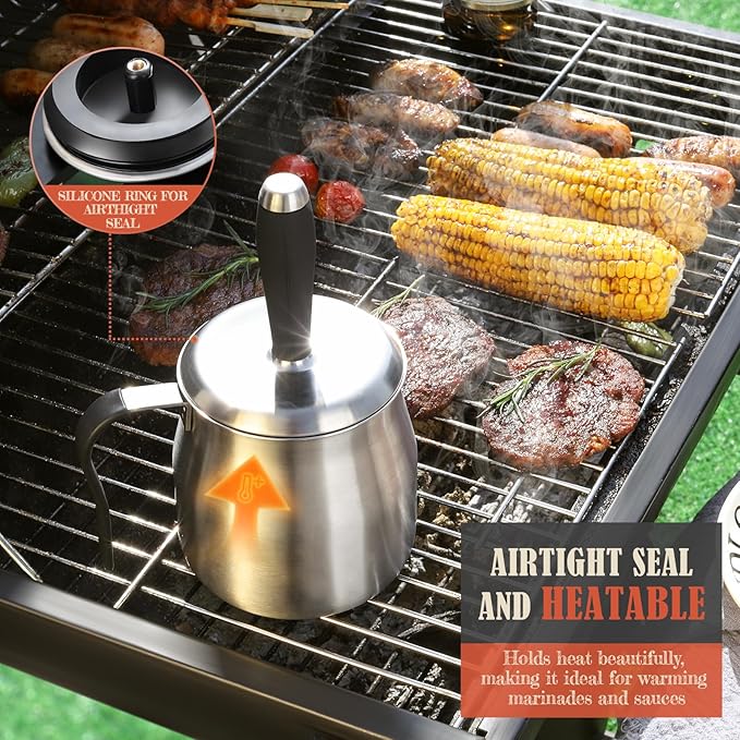 32 Ounce BBQ Basting Pot with 3 Replaceable Brushes，Grilling Gifts for Men&Dad，Stainless Steel 304 Barbecue Sauce Pot Brush Set，Airtight Melting Pot Sauce Container for Grill，Kitchen，Camping
