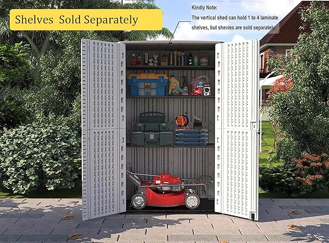 HOMSPARK Storage Shed Weather Resistance, Multi-Purpose Outdoor Storage Cabinet Waterproof, Outdoor Storage Cabinet for Garbage Cans, Lawnmower, Garden Accessories (White, Tall shed-53 cu ft)