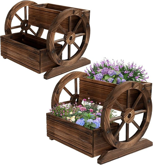 2PCS Wooden Wagon Planter Box, Garden Planter with Wheels,Decorative for Flowers Herbs Vegetables for Indoor & Outdoor Decor,Wooden Flower Cart for Patio Garden Balcony