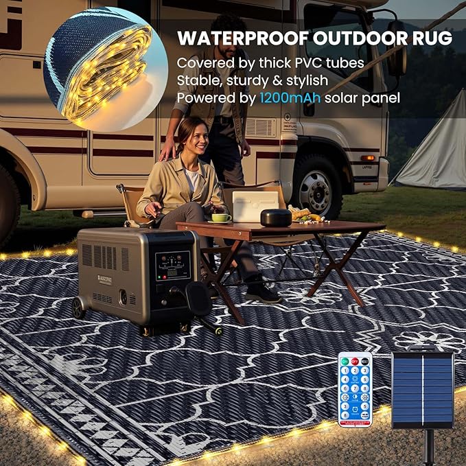 8x10Ft Outdoor Rug, Solar Powered Outdoor Rug with 113LEDs Strip Lights, Waterproof Plastic Reversible Outdoor Straw Rugs, Rugs Mat for House Deck RV Camping Patio Beach Balcony Picnic (Blue White)