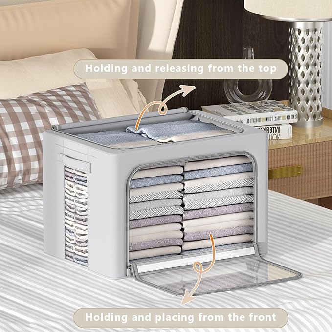 3Pack Frame Storage Box - Clothes Storage Bin Bags Oxford Fabric Foldable Stackable Container Organizer Set with Clear Window & Carry Handles Large Capacity (Grey, Large-66L)