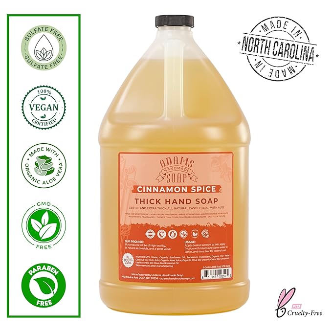 Adams Handmade Soap Thick Organic Castile Liquid Hand Soap 1 Gallon Refill - Cinnamon Spice (Pack of 4)