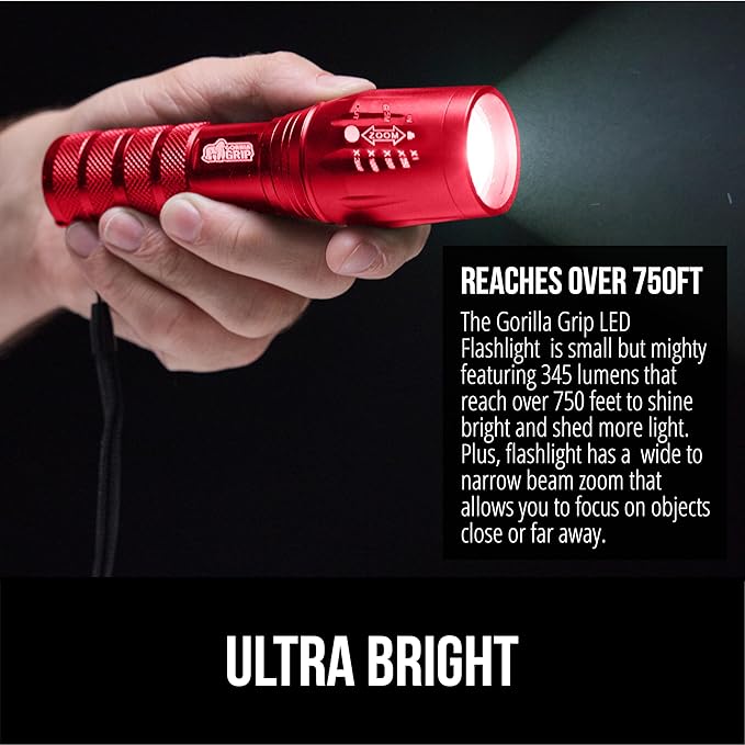 GORILLA GRIP Powerful LED Tactical Flashlight, 750 FT High Lumens 5 Adjustable Modes, Water Resistant, Ultra Bright Zoom Flashlights, Small Mini Flash Light, Camping, Night Dog Walking, 2 Pack Red