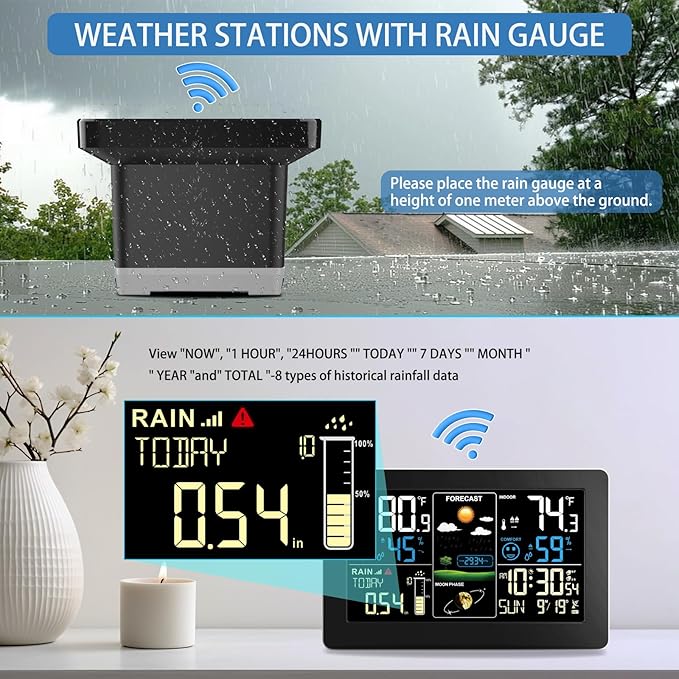 Digital Rain Gauge and Weather Station, Wireless Rain Gauge Outdoor, Home Weather Stations Wireless Indoor Outdoor with Thermometer, Barometer, Hygrometer, Atomic Clock, Weather Forecast and Alerts