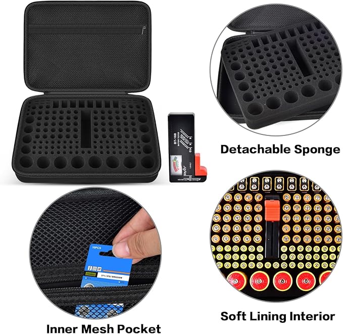 Battery Organizer Storage Case with Tester, Batteries Holder Box Carrying Container Bag, Garage Vault Organization Holds 162+ Battery Variety Pack AA AAA AAAA C D 9V 3V Lithium(No Batteries) (Black)