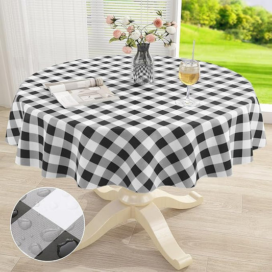misaya Round Waterproof Vinyl Table Cloth, Buffalo Flannel Backed Tablecloth, Wipeable Plastic Table Cover for Dinner, Kitchen, Picnic (60", Black and White)