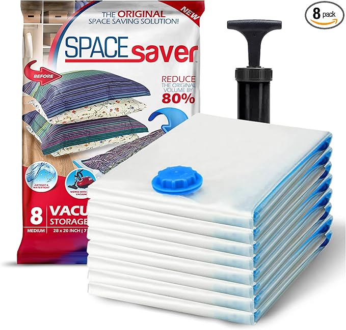 8 Pack Medium Vacuum Storage Bags for Comforters, Blankets & Clothes – Vacuum Sealed Compression Bags with Hand Pump – Space Saver Storage Bags for Bedding, Moving, Travel & Organization