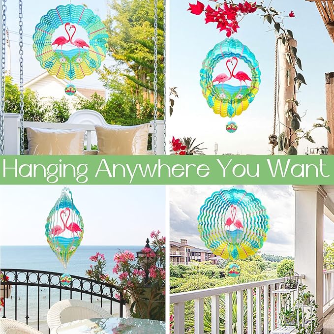 Flamingo Wind Spinners Garden Yard Decor Gift for Women Men, 12 Inch Outdoor Metal 3D Wind Spinner, Stainless Steel Hanging Wind Catchers Kinetic Sculpture for Outside Decoration