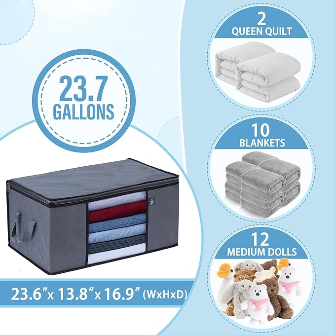 VENO 3 Pack Extra Large Clothes Storage Bag Organizer with Reinforced Handle Thick Fabric for Comforters, Blankets, Bedding, Foldable with Sturdy Zipper, Clear Window, Grey, Reusable (24 Gallon)
