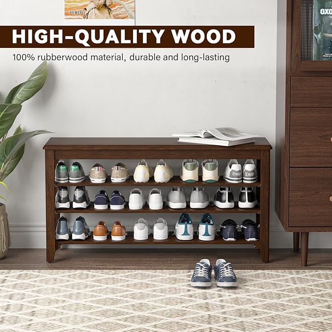 Shoe Bench Storage Rubberwood, Entryway Bench with 3-Tiers Height Adjustable, Shoe Rack Front Door Entrance Organizer for Hallway Living Room, Mudrooms, Walnut,31.5"