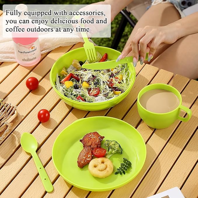 Berglander Camping Mess Kit with Bowl, Plate, Cup, Spoon, Fork, Knife and Carry Bag, Save Space, Easy to Carry, Plastic Camping Essentials Utensils for Travel, Picnic, Outdoor (Green)