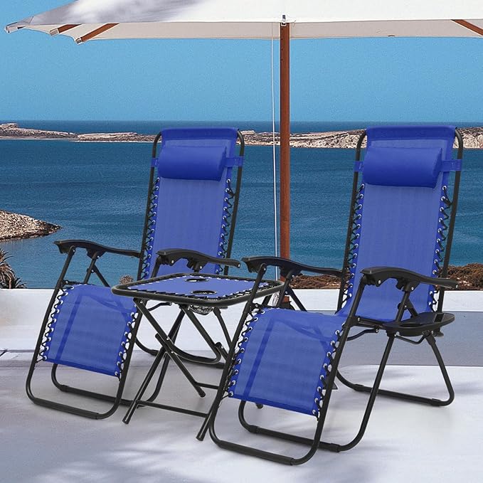 MoNiBloom 3 Pack Lounge Beach Chairs for Outside, Zero Gravity Camping Chairs with Side Table, Pillow and Tray, 330lbs Capacity, Blue