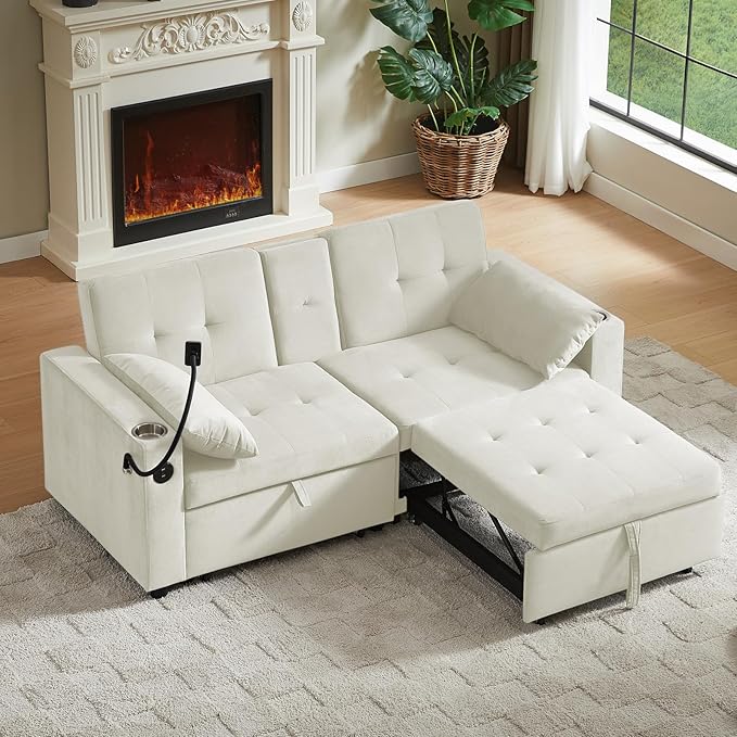 70" Queen Size Sofa Bed for Living Room – Pull-Out Sleeper Sofa Couch with Cup Holder, Phone Holder, USB Charging Port, Solid Wood Frame, Easy Assembly, Space-Saving Design for Small Apartments