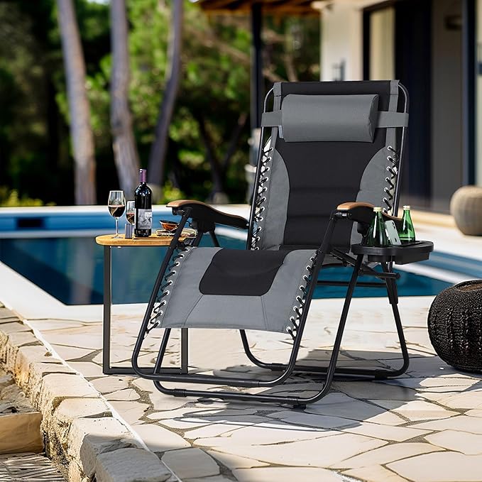MFSTUDIO Zero Gravity Chairs Set of 2, XL Oversized Outdoor Anti Gravity Chair, Patio Lounge Folding Adjustable Chair with Cup Holder & Padded Headrest, Support 400lbs,Grey