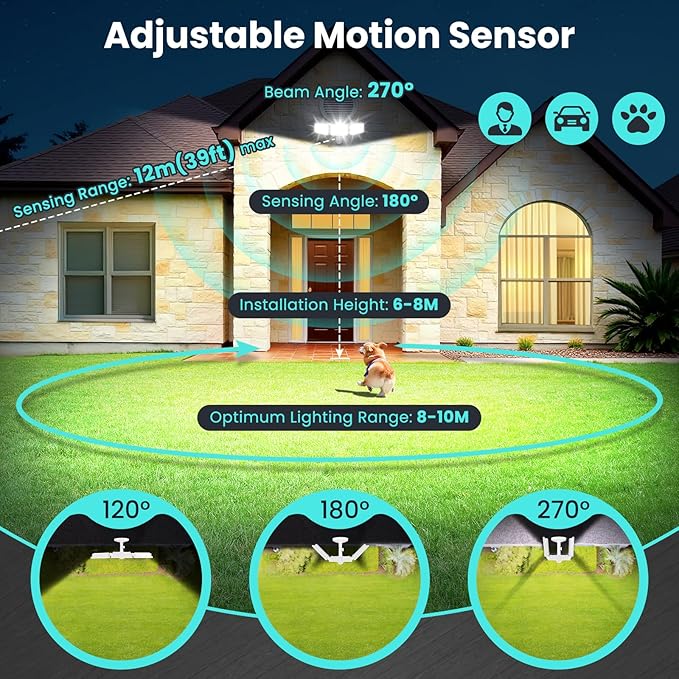 MEIKEE 100W Motion Sensor Flood Lights Outdoor, 9600lm 6500K LED Sensor Security Lights, IP66 Waterproof, 3 Adjustable Heads Motion Detected Flood Lighting for Garage, Yard, Porch