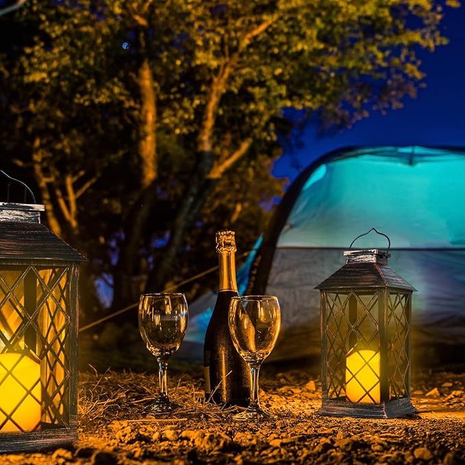 13'' Outdoor Solar Hanging Lantern Lights, Waterproof Flickering Flameless Candle Hollowed-Out Metal Decor Lantern, Garden Decoration for Patio Yard, Gifts for Mom, Brown