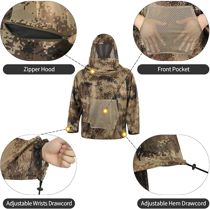 Mosquito Net Suit Camo Hunting Mesh Suit Bug Net Clothing with Hood for Outdoor Protection No-See-Ums Garden Camping