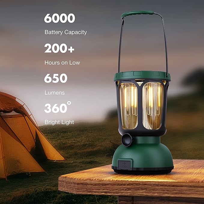 Raynic 6000 LED Camping Lantern, 650LM Hand Crank Solar Battery Powered Rechargeable Lantern, Emergency Lights for Home Power Failure, Hurricane, USB Cable Included