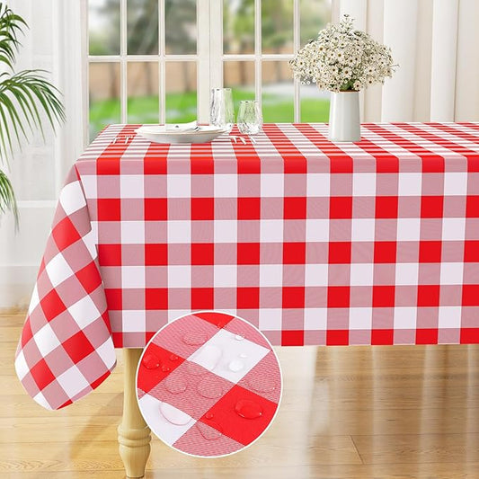 misaya Rectangle Waterproof Vinyl Table Cloth, Buffalo Flannel Backed Tablecloth, Wipeable Plastic Table Cover for Dinner, Kitchen, Outdoor (54" x 120", Red and White)