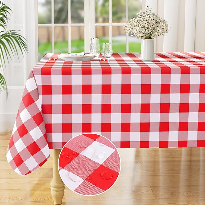 misaya Rectangle Waterproof Vinyl Table Cloth, Buffalo Flannel Backed Tablecloth, Wipeable Plastic Table Cover for Dinner, Kitchen, Outdoor (54" x 78", Red and White)