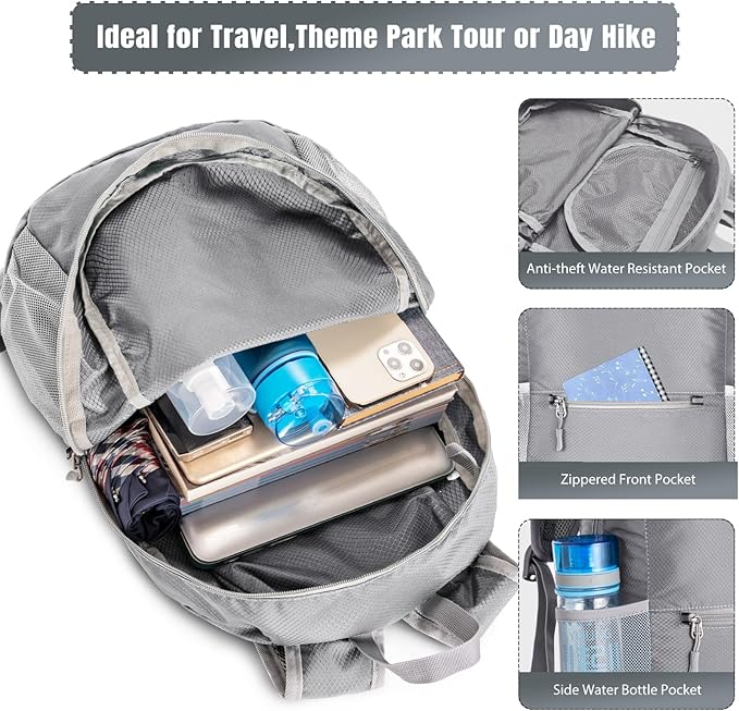 ZOMAKE Ultra Lightweight Hiking Backpack 20L, Packable Small Backpacks Water Resistant Daypack for Women Men(Silver Gray)