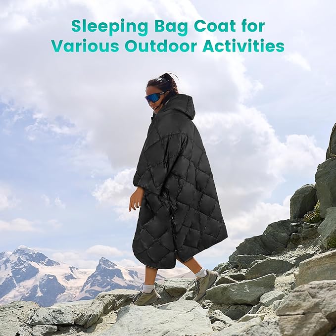 Wearable Camping Blanket Honcho Poncho - Stadium Blanket, Sleeping Bag for Adults, Packable Ultralight Warm & Waterproof for Cold Weather,Sports, Outdoor Camping, Hiking - Black