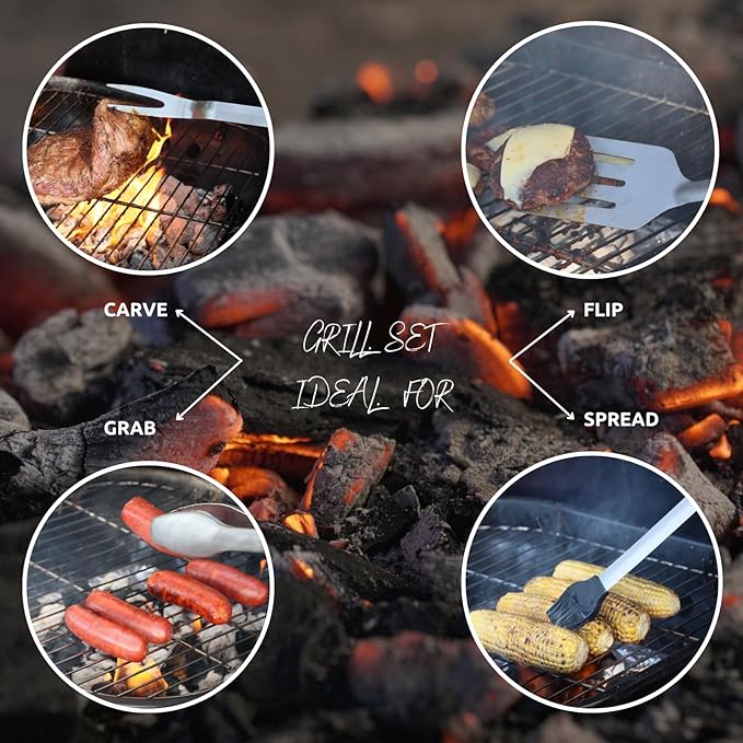 Grill Set – Grill Tools, BBQ Tools, Grilling Set, Grilling Utensils – Premium Stainless Steel, Heavy Duty & Rust-Resistant, Extra Long Handles, Comfortable Grip for Easy Outdoor BBQ Cooking