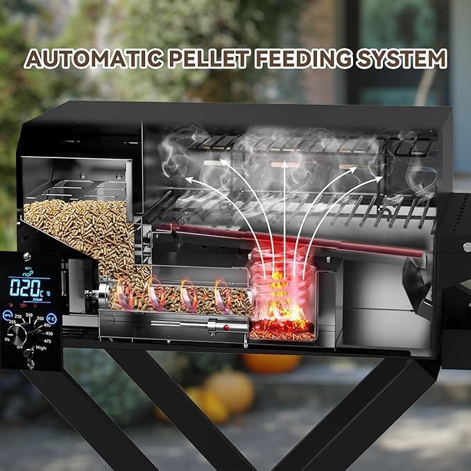 Onlyfire BBQ Wood Pellet Grill Smoker with Foldable Cart, Meat Probe, 2 Tiers Cooking Area, Portable Tabletop Grilling Stove for Outdoor Kitchen Cooking Smoke and Roast, RV Camping, Black GS343