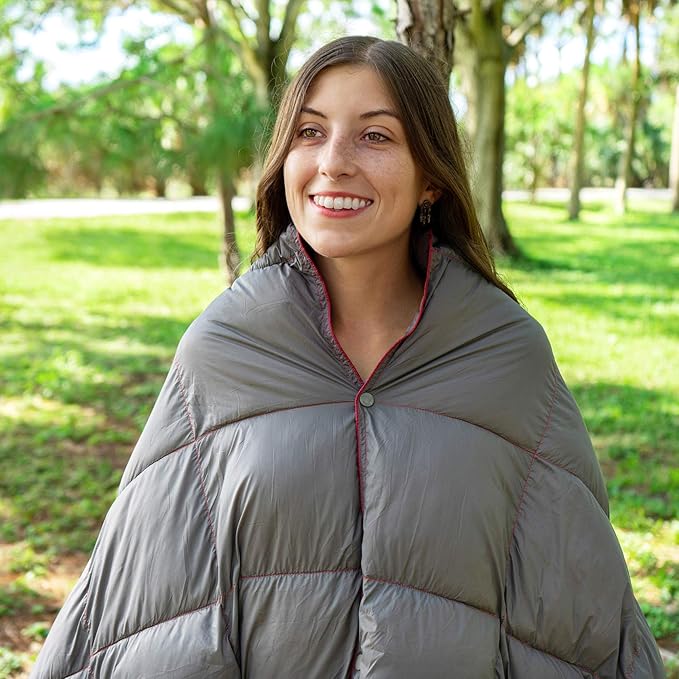 Double Puffy Camping Blanket - Extra Puffy, Packable, Lightweight and Warm | Ideal for Outdoors, Travel, Stadium, Festivals, Beach, Hammock | Water-Resistant Camp Quilt (Orange/Gray)