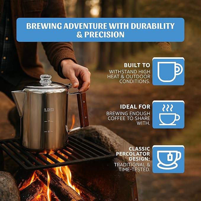 Toughty Yosemite Percolator Coffee Pot – Classic Coffee Percolator Stovetop for Camping & Home – Durable Stainless Steel - Gas, Electric & Induction Stoves – Old-Fashioned Style Pot – Silver – 9 Cups
