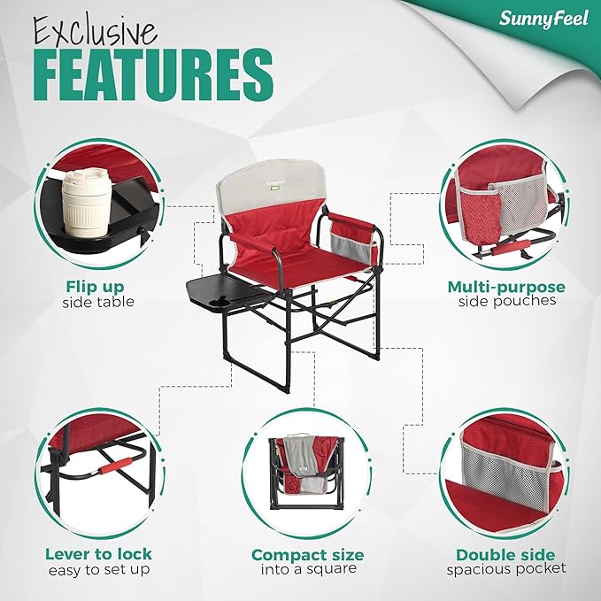 SUNNYFEEL Oversized Camping Directors Chair 2 Pack, Portable Folding Lawn Chairs for Adults Heavy Duty with Side Table,Pocket for Beach, Fishing,Picnic,Concert Outdoor, Foldable Camp Chairs