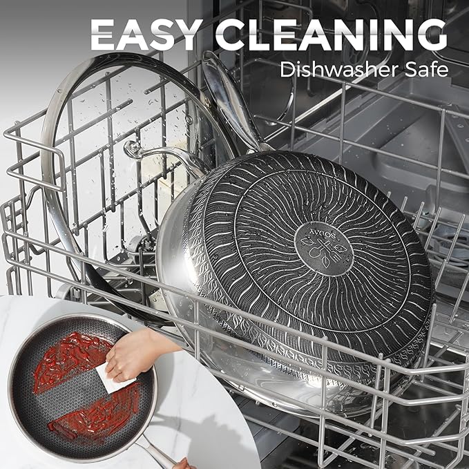 12 inches Frying Pan Nonstick Deep Sauté Pan and Lid, Non Stick Stainless Steel Pan Dishwasher and Oven-Safe, Compatible with All Cooktops