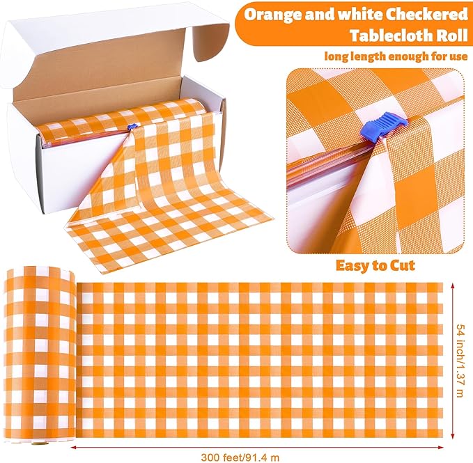 54 Inch x 300 Ft Orange Checkered Plastic Table Cloth Roll Disposable Waterproof Plastic Cover Roll with Easy Slide Cutter for Outdoor Picnic/Home Dining/Fall Thanksgiving Party Decoration