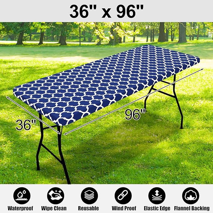 Smiry Rectangle Picnic Table Cover, Waterproof Elastic Fitted Camping Tablecloths for 8 Foot Tables, Wipeable Flannel Backed Vinyl Tablecloth Protector for Indoor, Outdoor (Navy, 36x96 Inches)
