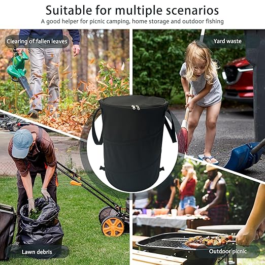 Pop up Camping Trash can with lid,Collapsible 24 Gallons Trash can with Sorting Clips,Garden Garbage Bag with Lid,Lawn and Leaf Bags - Reusable Yard Waste Bags (Black)