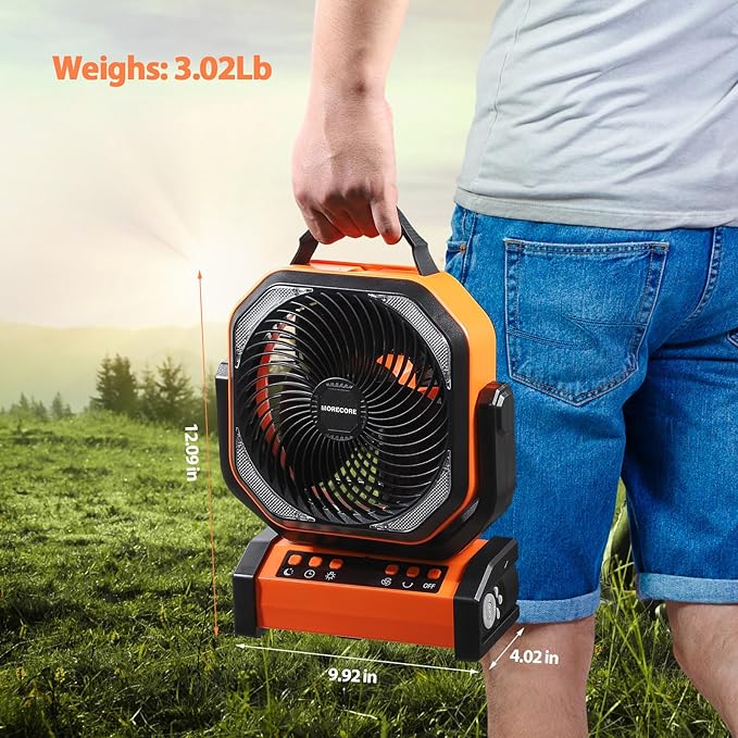 MORECORE 20000mAh Rechargeable Camping Fan with Light, 112HRS Running, 8-Speed, Auto Oscillating, Timer, LED Digital Display, 270°Pivot with Hook for Tent RV Emergency Garage-Orange