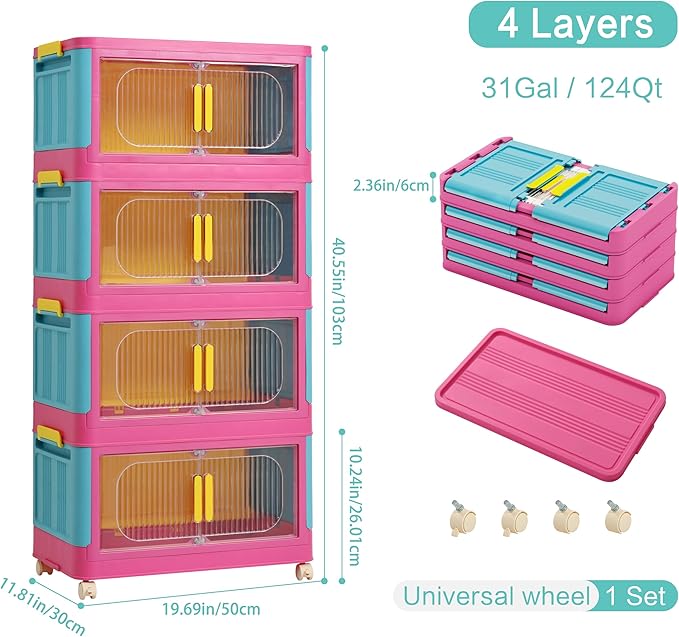 Holaki 156 QT Storage Bins with Lid, 4 Tiers Collapsible Closet Organizers, Stackable Plastic Storage Bins Cabinet Box with Wheels and Magnetic Door for Princess Room, Girl(Colorful)