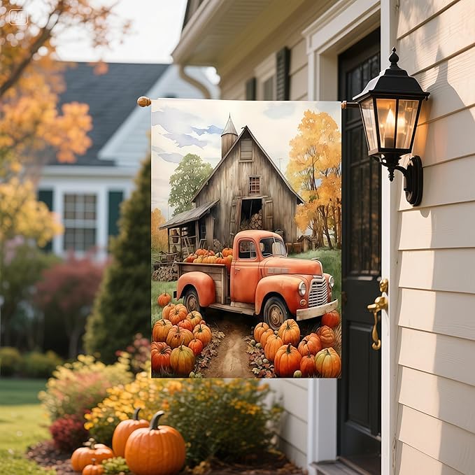 Fall Garden Flags 12x18 Double Sided, Truck Pumpkin Yard Flags for Outside, Small Yard Flags Decorations for Home Outdoor Decorations