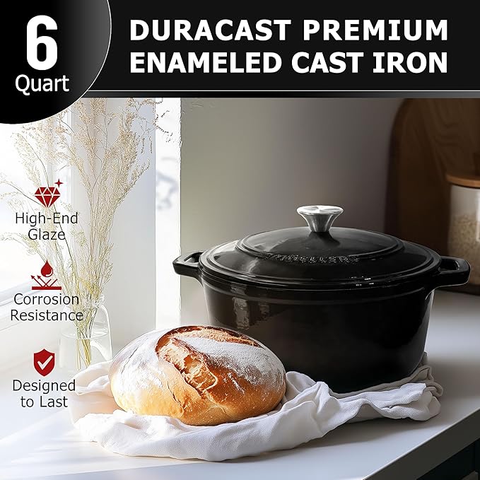 MÜELLERHOME 6 Quart Enameled Cast Iron Pot Dutch Oven, Heavy-Duty Oven-Safe up to 500° F, & Across All Cooktops, Casserole Dishes for Ovens, Bread Pan with Lid and Knob, Cast Iron Cookware, Black