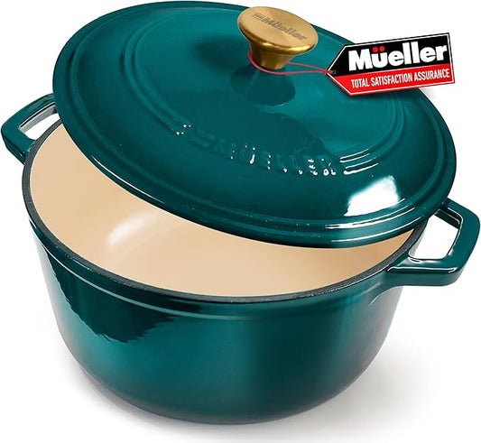 MÜELLERHOME 7.5 QT Enameled Cast Iron Dutch Oven, Heavy-Duty Casserole Dish and Braiser Pan with Lid and Stainless Knob, Oven-Safe up to 500° F & Across All Cooktops, Emerald