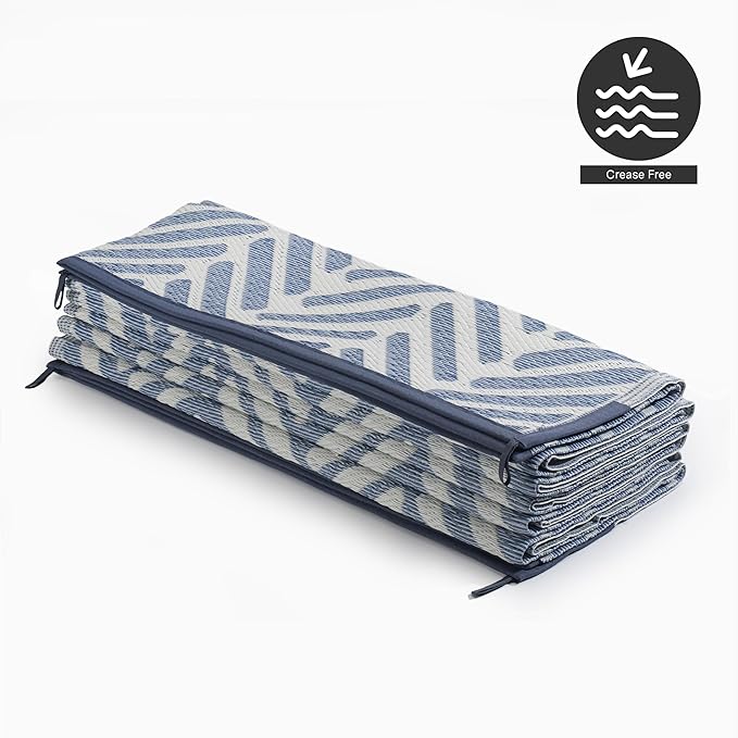 FH Home Outdoor Camping Rug - Waterproof, Fade Resistant, Reversible - Premium Recycled Plastic - Herringbone - Large Patio, Deck, Sunroom, RV - Fresno - Light Blue - 5 x 8 ft Foldable