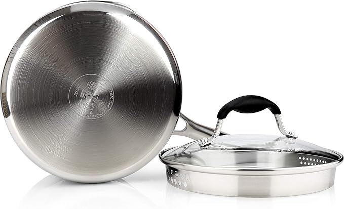 AVACRAFT Tri-Ply Stainless Steel Saucepan with Glass Strainer Lid, Two Side Spouts, Multipurpose Sauce Pan with Lid, Sauce Pot, Cooking Pot (Tri-Ply Full Body, 3.5 Quart)
