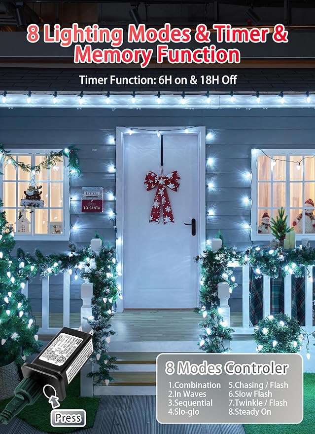 C9 LED Christmas Lights Outdoor, 81 Feet 100 LED String Lights with Timer & 8 Lighting Mode, Waterproof Commercial Grade Extendable for Indoor Outside Roofline Patio Home Xmas Decoration, Pure White