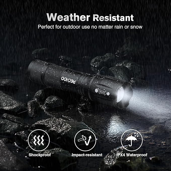 RECHOO LED Flashlight 2 Pack, Tactical Flashlights High Lumens with 3 Modes, Pocket Small Flash Light, Waterproof Zoomable Flashlights for Home Emergency, Camping Essentials (Battery Included)