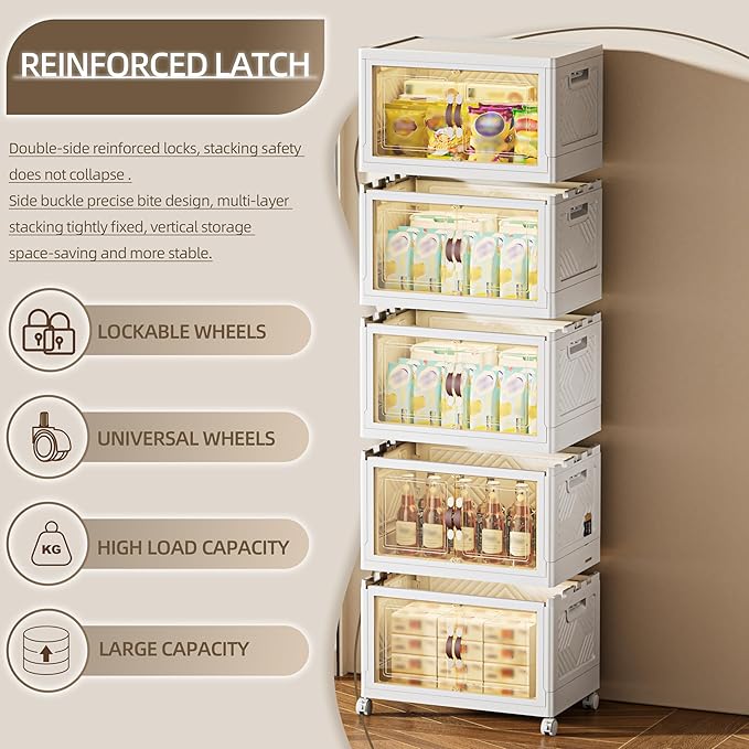 424 QT / 106 Gal Magnetic Door Storage Bins Collapsible Stackable w/1 Lid, Heavy Duty Plastic Cabinet with Wheels for Home Office Organization (White)