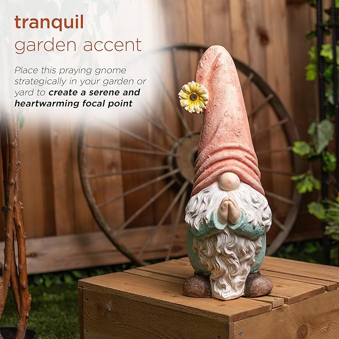 Alpine Corporation MCC846 Indoor/Outdoor Praying Gnome with Sunflower Garden Statue, Peaceful Gnome Statue w/Hat, 23" H, Pink